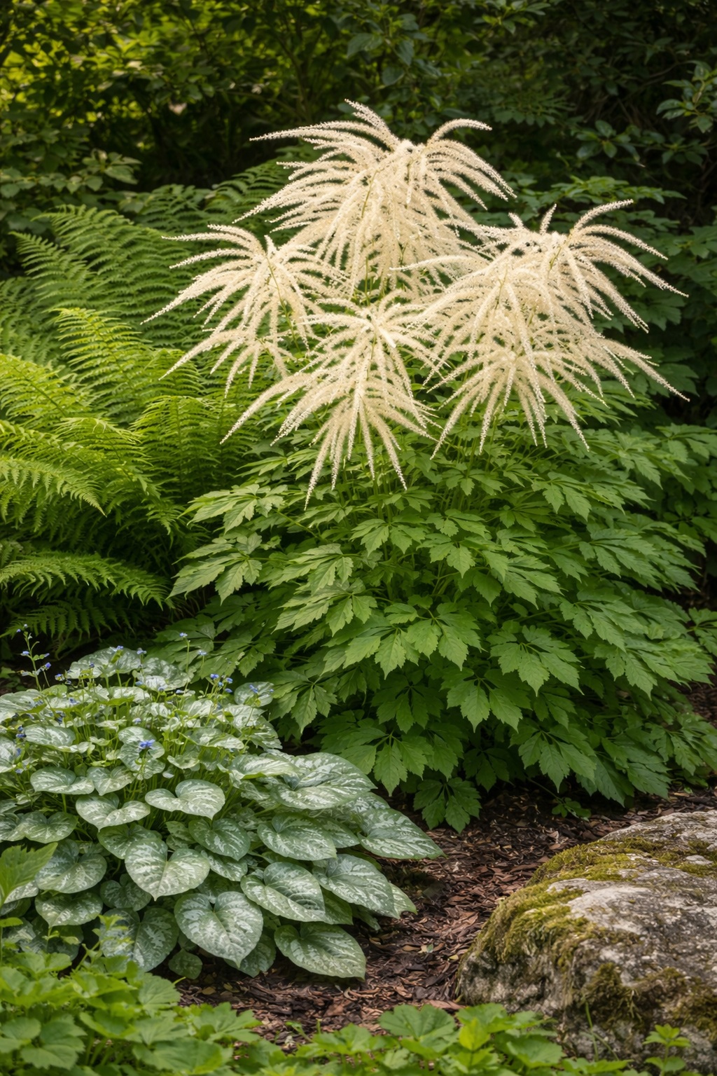 aruncus Az Aruncus dioicus, vagyis erdei tündérfürt árnyékos beültetésben.