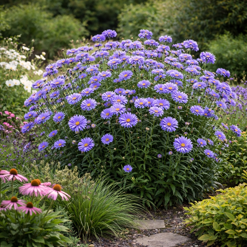 aster_novi-belgii-marie-ballard_evelo_oszirozsa Az aster novi, belgii marie ballard azaz az évelő őszirózsa ágyásba beültetve