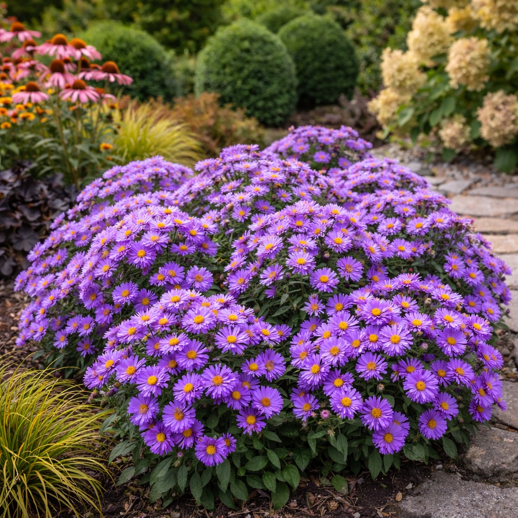 aster_dumosus_lila_torpe_oszirozsa Az aster dumosus azaz a lila törpe őszirózsa látható a képen különböző évelőkkel
