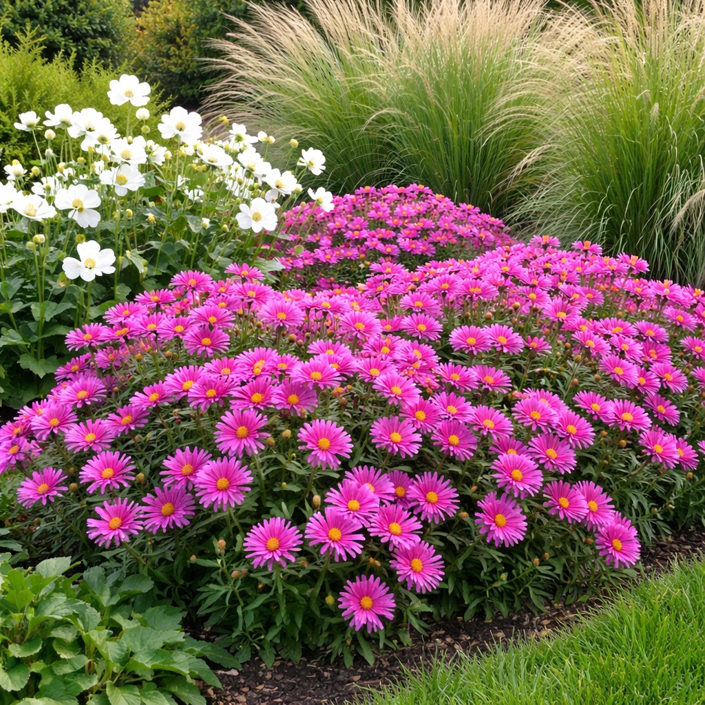 aster_dumosus_mix_rozsaszin Az Aster dumosus mix vegyes beültetésben, rózsaszín virágokkal.