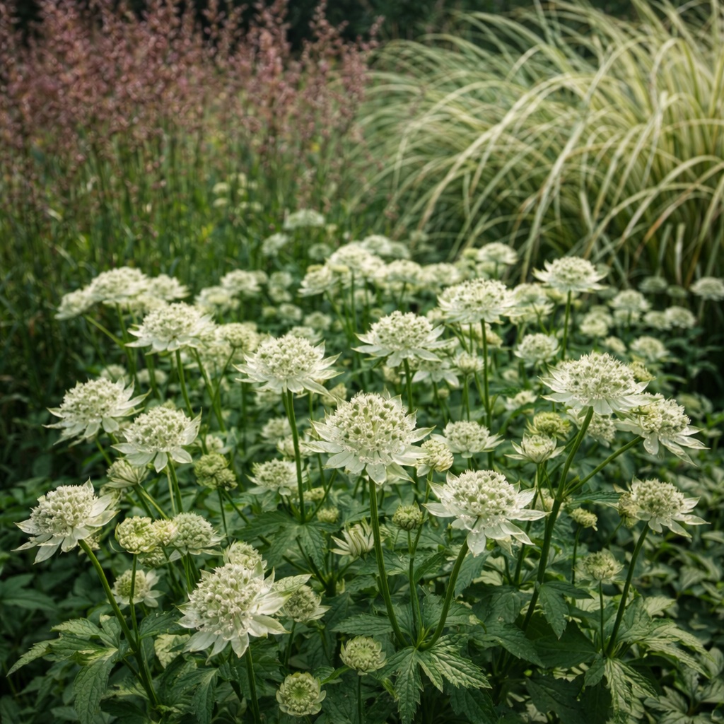 astrantia_major_feher Az Astrantia major fehér völgycsillag természetes kiültetésben, háttérben díszvűvel.