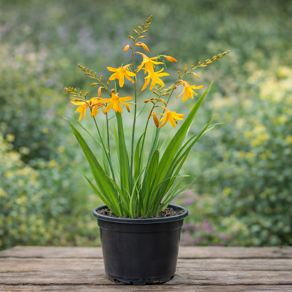 Crocosmia sp. – Sárga virágú sáfrányfű Sárga virágú sáfrányfű 14cm méretű cserépben.