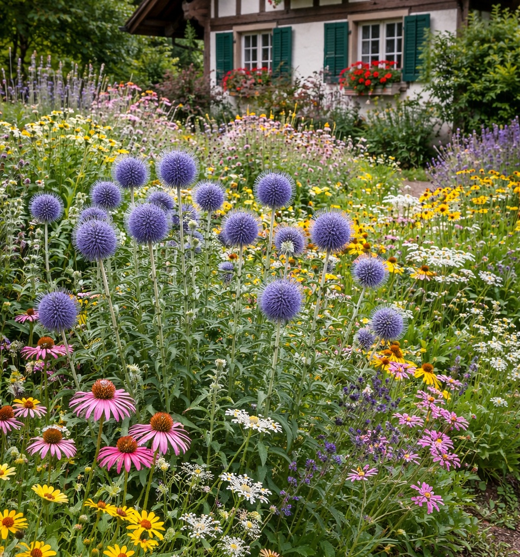 echinops Az Echinops (kék szamárkenyér) vidéki stílusú kertben.