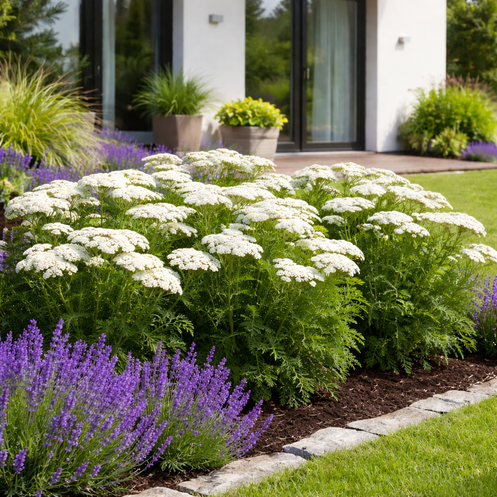 achillea_millefolium_feher_cickafark Hófehér virágú cickafark Achillea millefolium levendulával a modern kertben