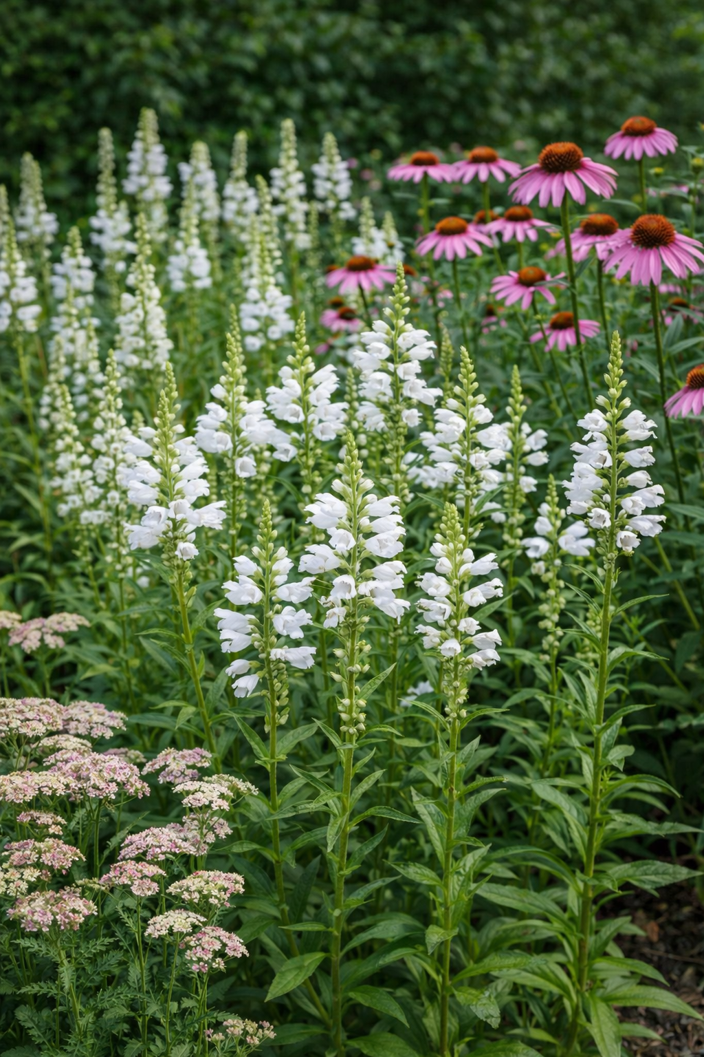 feher_fuzerajak A Physostegia virginiana Crystal Peak White, fehér füzérajak vegyes ágyásban.