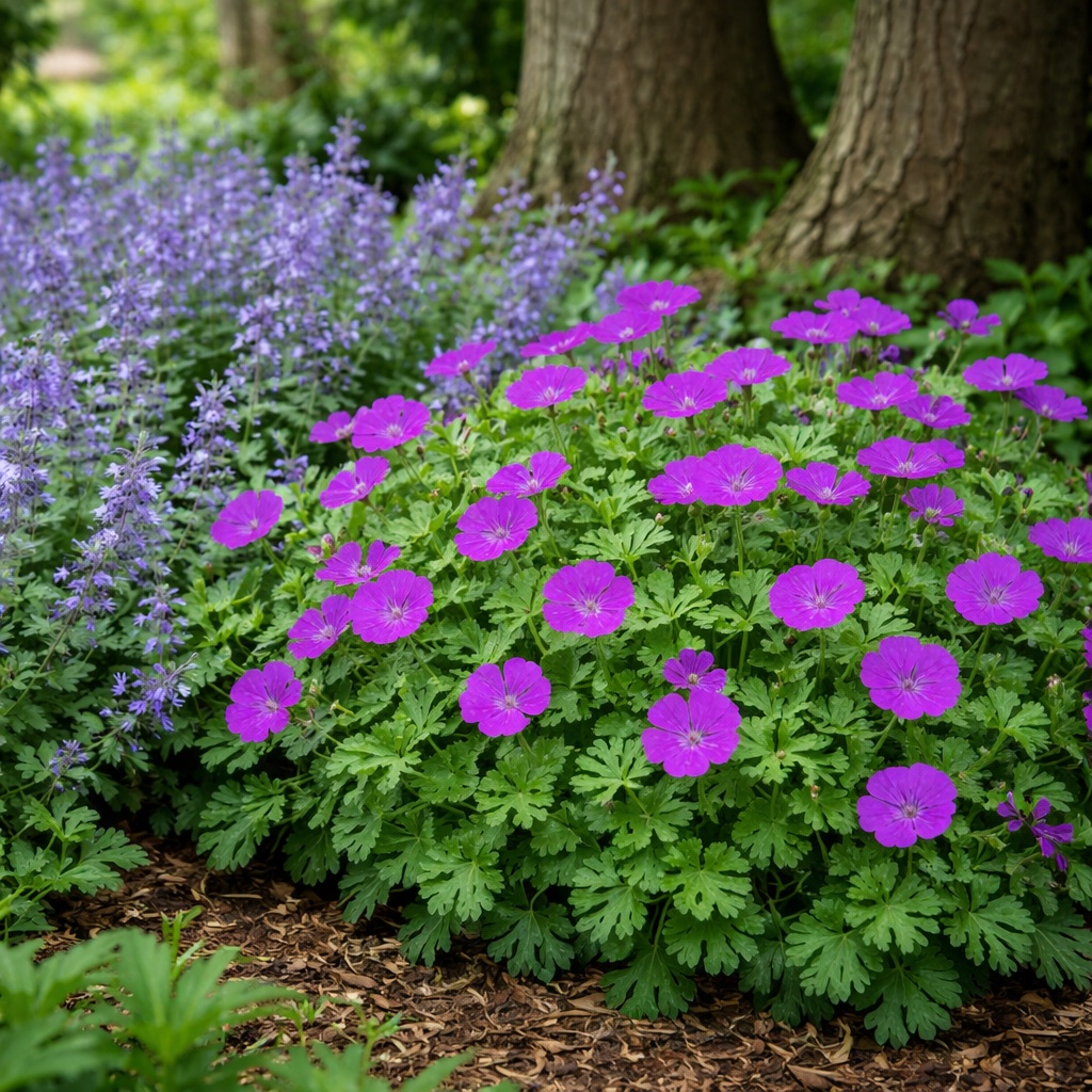 geranium_tiny_monster A Geranium sanguineum Tiny Monster lila virágszínű gólyaorr félárnyékos beültetésben, macskamentával.