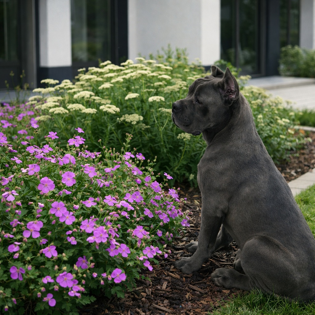 geranium_sanguineum_lilaskek_viragu_golyaorr Geranium sanguineum gólyaorr modern kertben ,Cane Corso társaságában