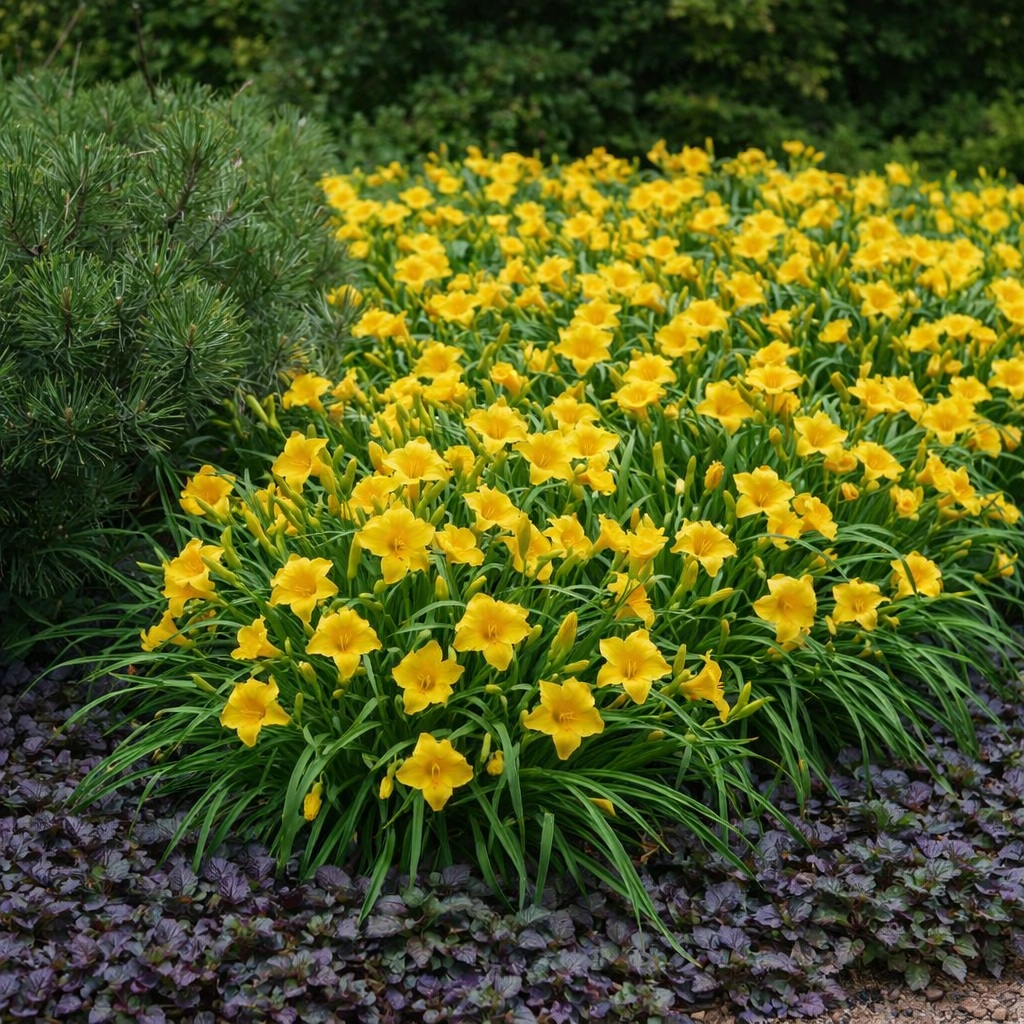 hemerocallis_stella_de_oro A Hemerocallis Stella de Oro (sárga törpe sásliliom) csoportosan ültetve.
