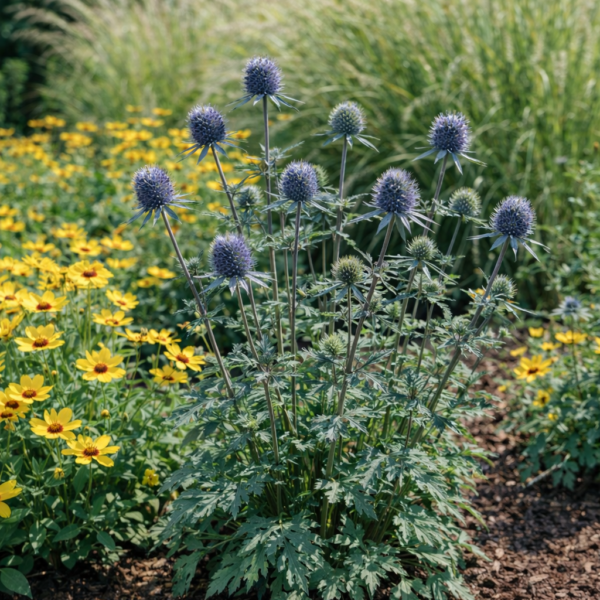 A kék iringó (Eryngium) vegyes évelő ágyásban.