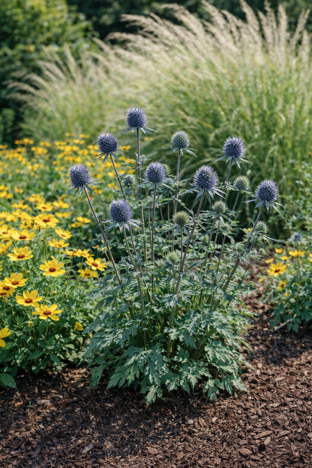 kek_iringo_viragagyasban A kék iringó (Eryngium) vegyes évelő ágyásban.