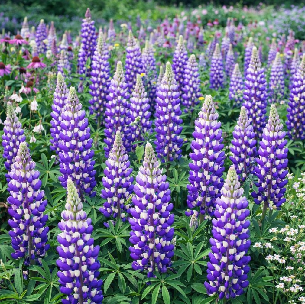 lupinus_lilaskek A liláskék virágú Lupinus x hybrida csoportos beültetésben.