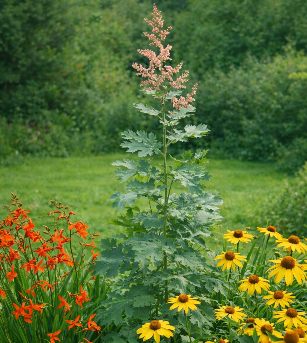 macleaya A Macleaya cordata vegyes évelő ágyásban, kúpvirággal, sáfrányfűvel.