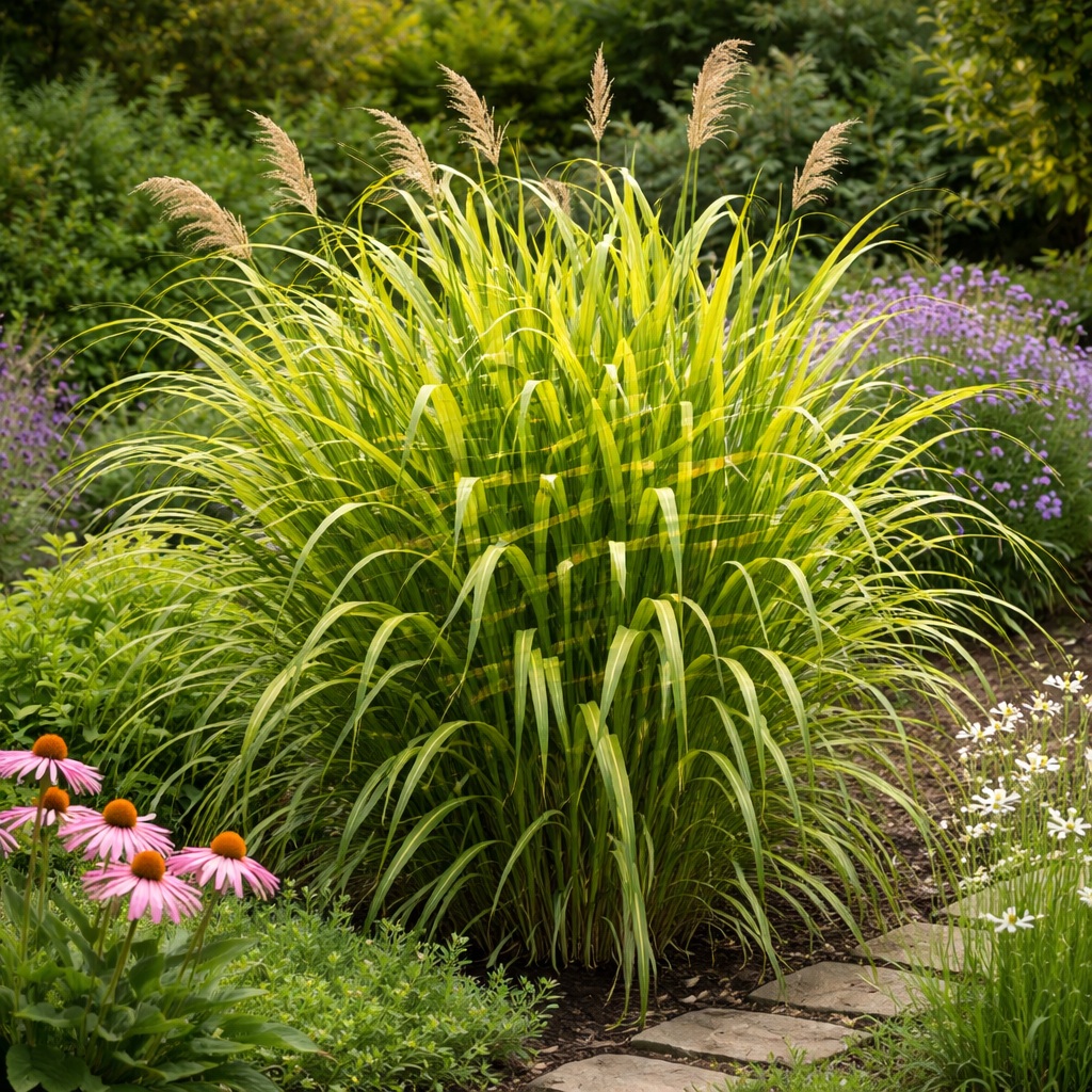 miscanthus_siensis_zebrinus_csikos_zebrafu A miscanthus sinensis zebrinus azaz a csíkos zebrafű beültetve különböző évelőkkel