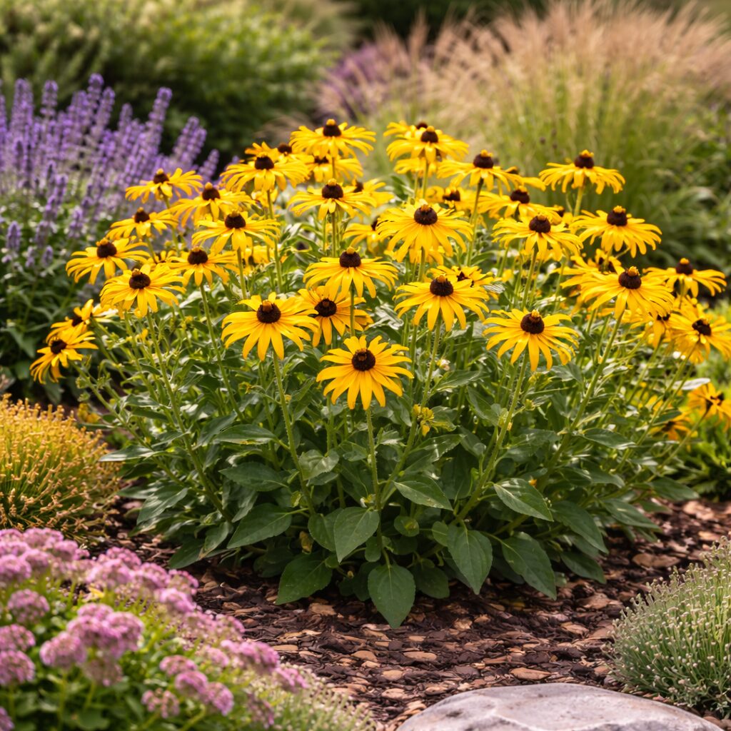 rudbeckia_fulgida Teljes virágzásban a kúpvirág sárga virágai, más évelők mellett.