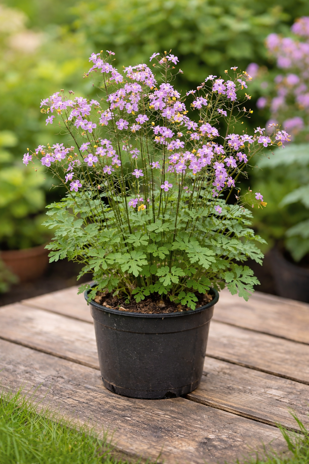 Thalictrum delavayi CS9 – Szárnyastermésű borkóró A szárnyastermésű borkóró virágai, cserépben.