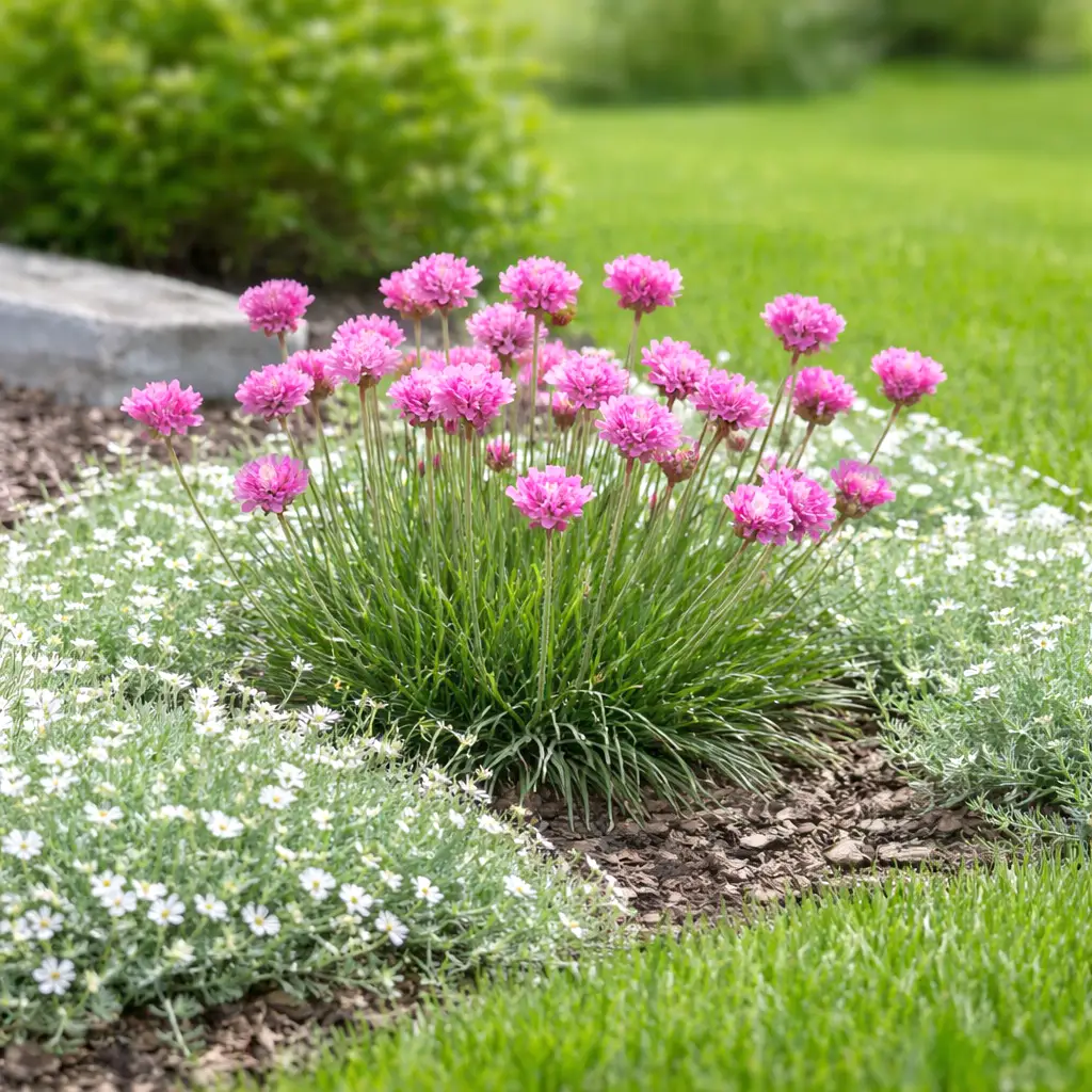 armeria_martima_tengerparti_pazsitszegfu Armeria maritima – Tengerparti pázsitszegfű napos modern kertben, molyhos madárhúrral társítva.