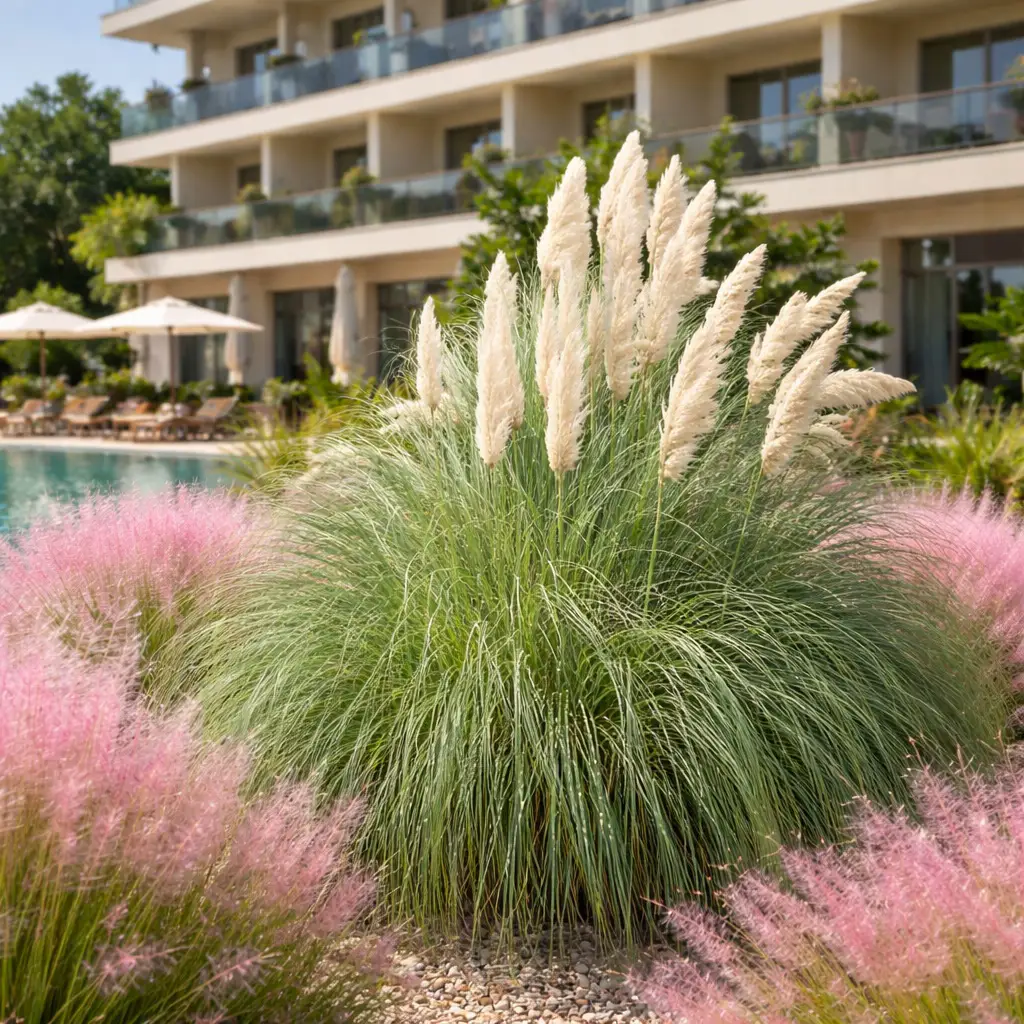 cortaderia_selloana_pumila Cortaderia selloana ‘Pumila’ – törpe fehér pampafű vattacukorfűvel társítva, modern hotelkertben
