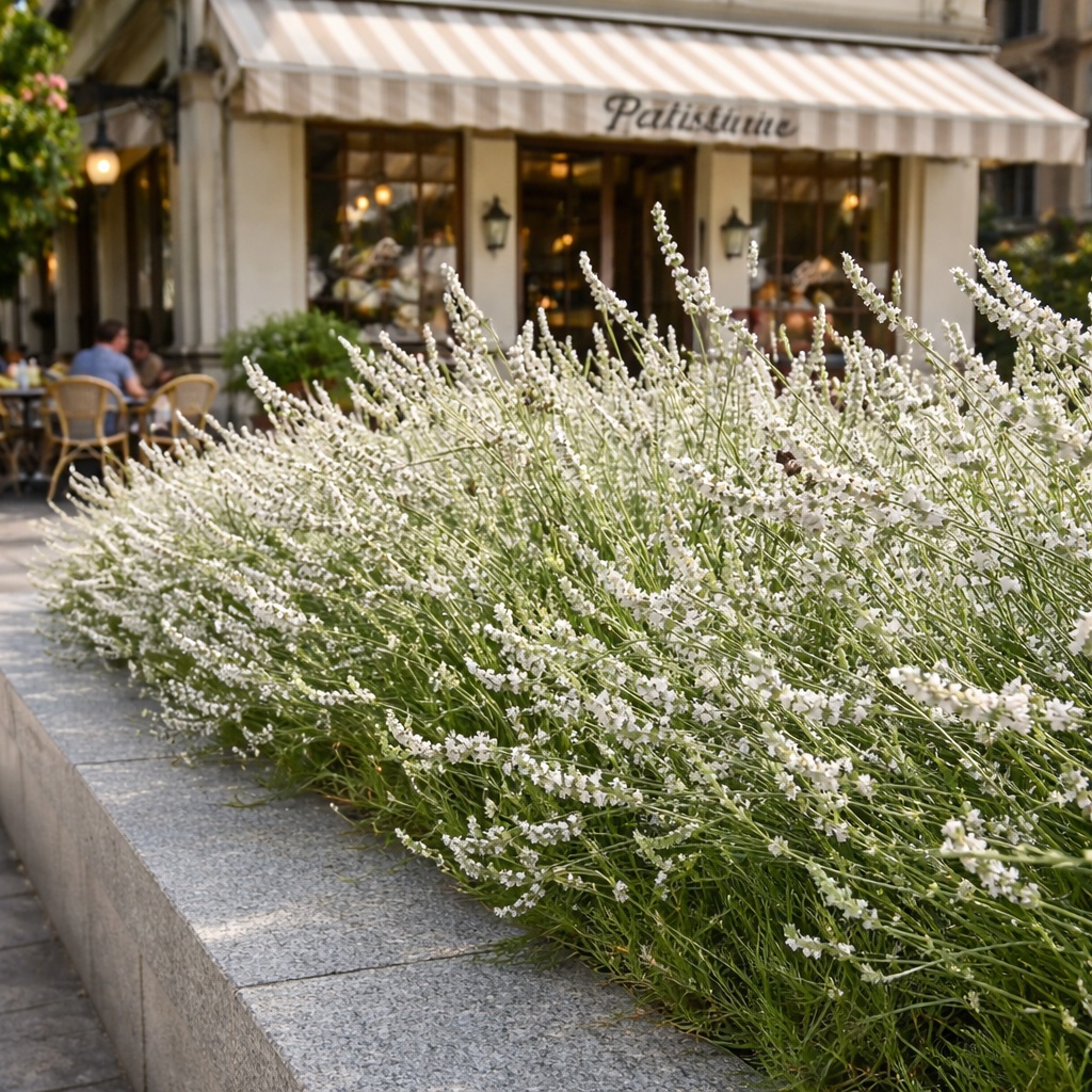feher_francia_levendula **Fehér levendula cukrászda előtt – Lavandula x intermedia ‘Edelweiss’ modern városi környezetben.