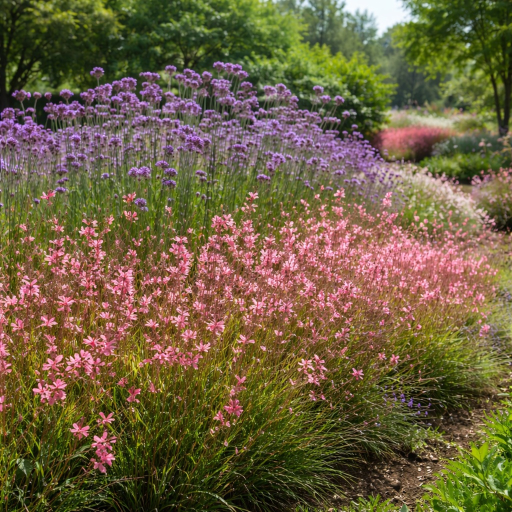 gaura Gaura lindheimeri és Verbena bonariensis társítás romantikus díszkertben.