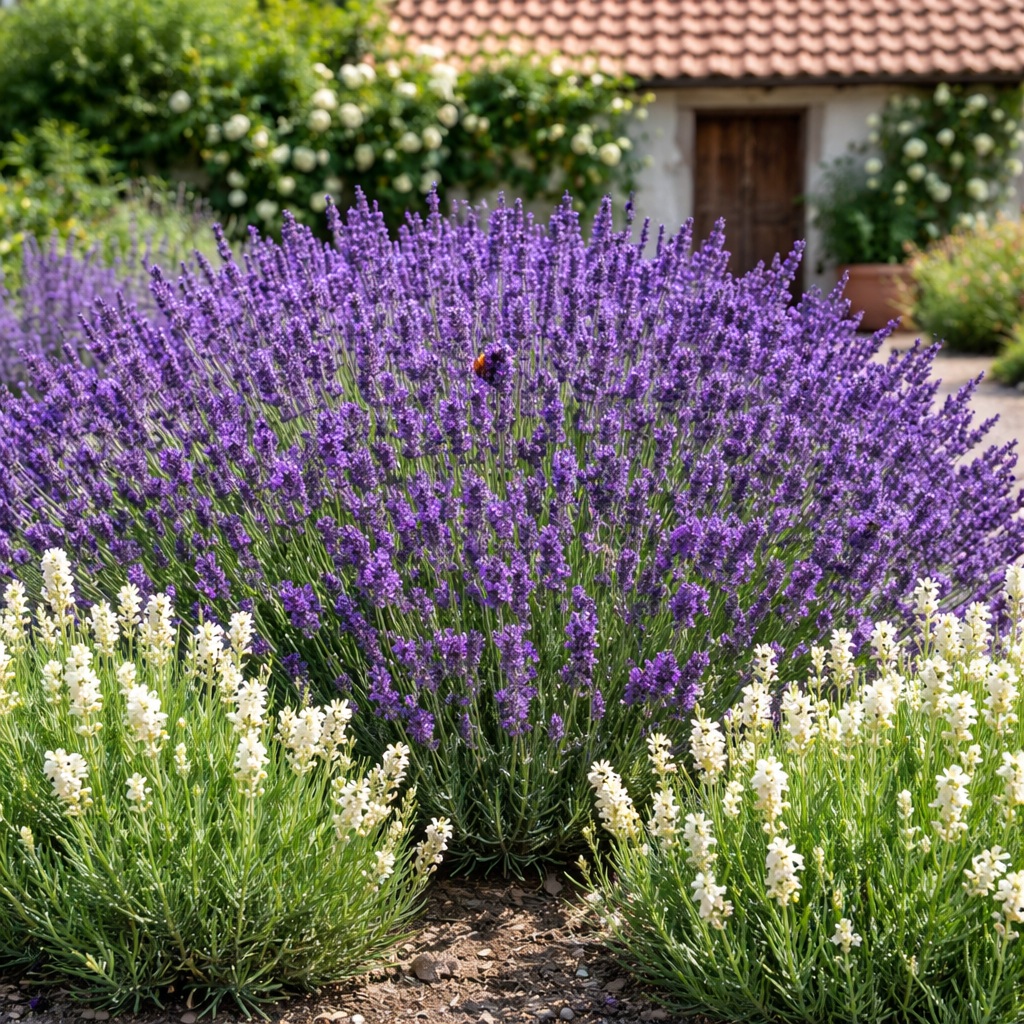 hidcote Lavandula angustifolia ‘Hidcote’ CS9 – Levendula fehér francia levendulával parasztház udvarában