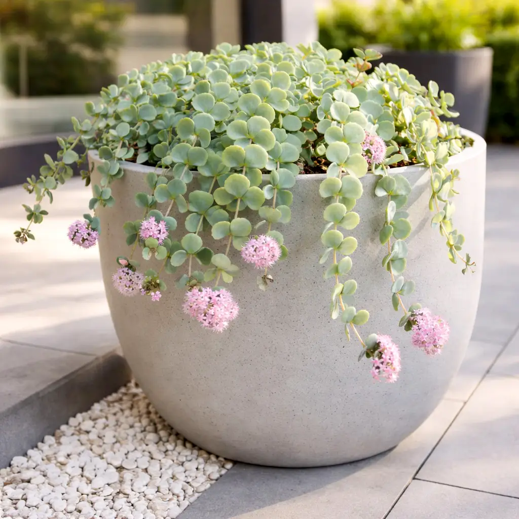 sedum_sieboldii_oktoberi_varjuhaj Sedum sieboldii – Októberi varjúháj modern teraszon, elegáns kaspóban.